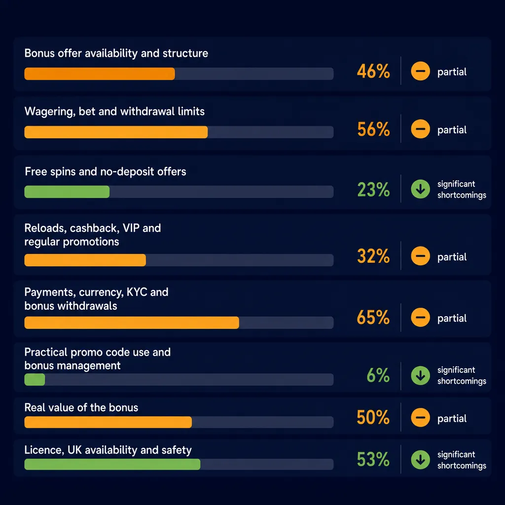 Bar chart overview of all eight Nine Casino bonus decision factors