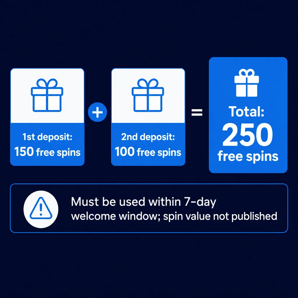 Diagram of 150 plus 100 free spins across welcome deposits