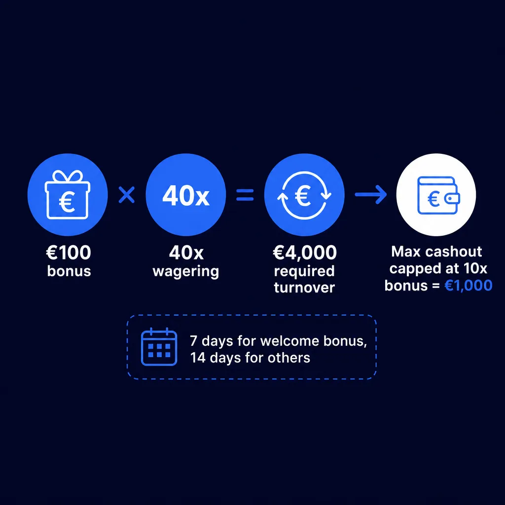 Diagram of 40x wagering calculation and 10x cashout cap