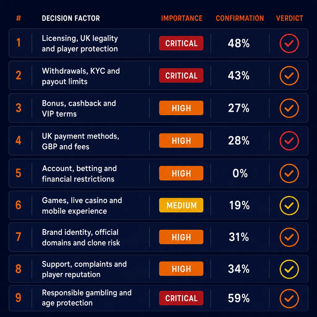 Full overview of all nine Nine Casino decision factors and verdicts