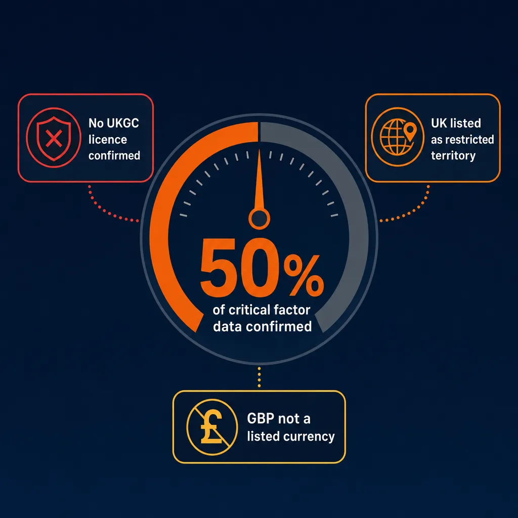 Overview showing 50% confirmed data and key limitations for Nine Casino