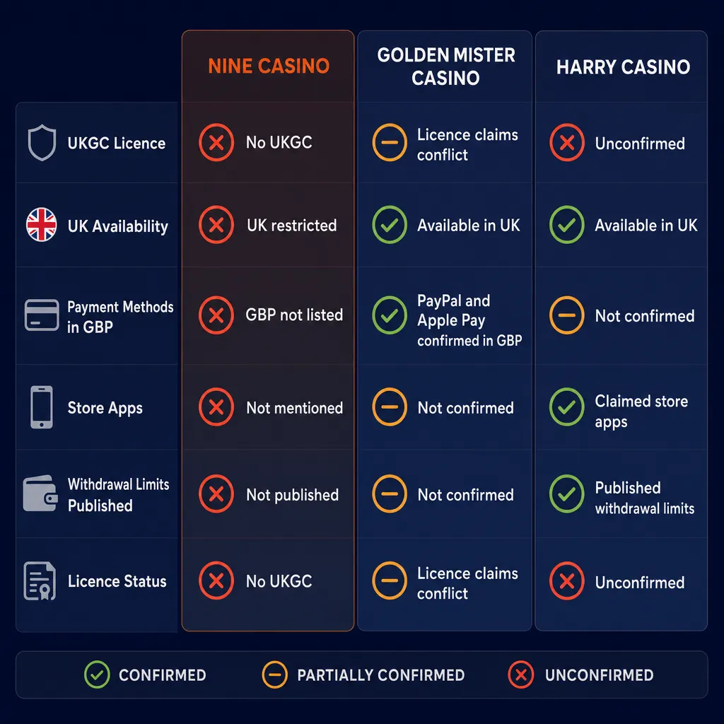 Side-by-side comparison snapshot of three casino brands' confirmed conditions