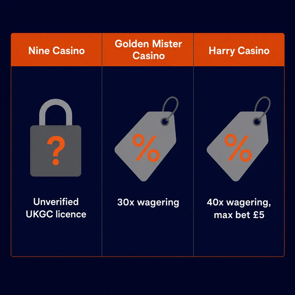 Snapshot comparing wagering and licence status of three casinos